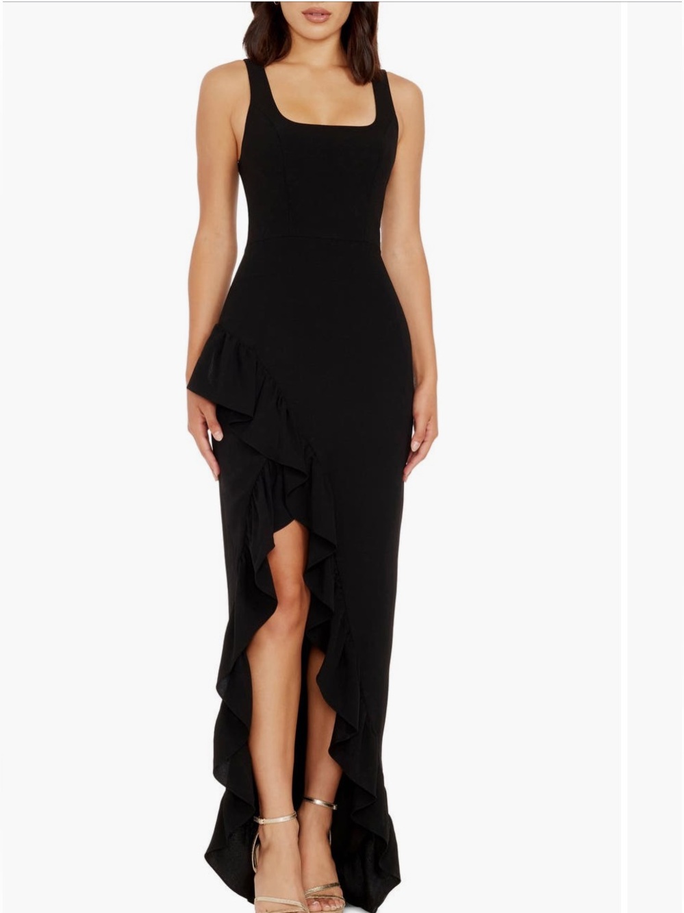 Dress the Population Charlene Dress Ruffle High Slit Gown Black Large $198 NEW